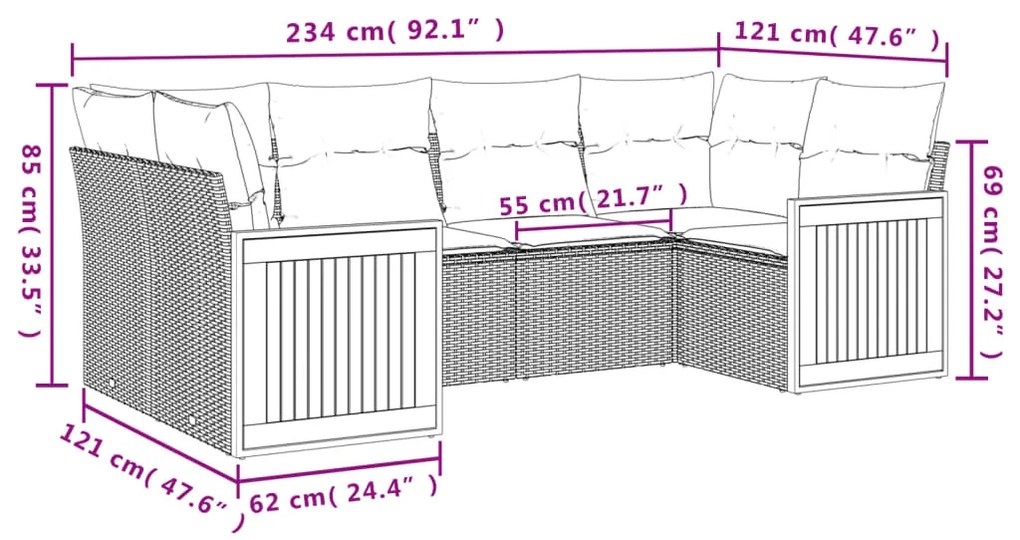 6 pcs conjunto sofás de jardim c/ almofadões vime PE preto