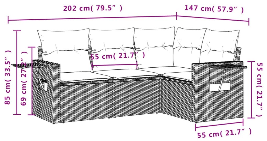 4 pcs conj. sofás jardim c/ almofadões vime PE cinzento-claro