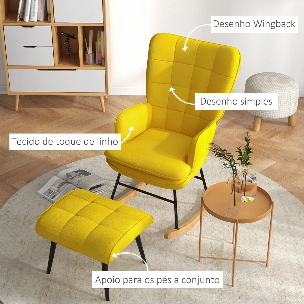 Poltrona Baloiço com Apoio para os Pés Poltrona Relax com Almofada Acolchoada e Anti-Tombo 64x89x90 cm Amarelo