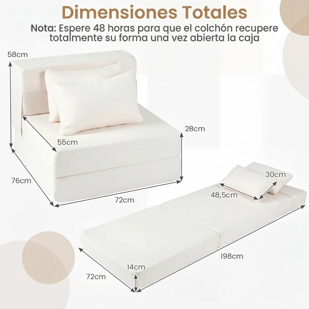 Sofá-cama futon dobrável 3 em 1 com 2 almofadas, em tecido de chenille , para sala, quarto ou escritório bege