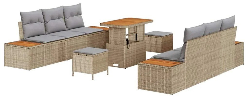 Conjunto de Sofá de Jardim de 9 Peças com Almofadas Bege de Polyrattan