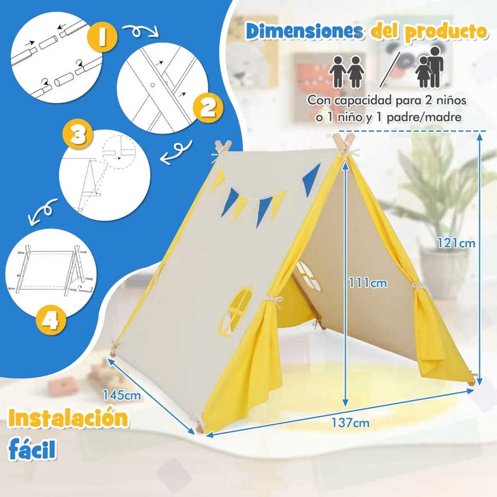 Tenda de brincar infantil com estrutura de madeira, tenda de lona de algodão para teatro infantil interno e externo Bege + Amarelo