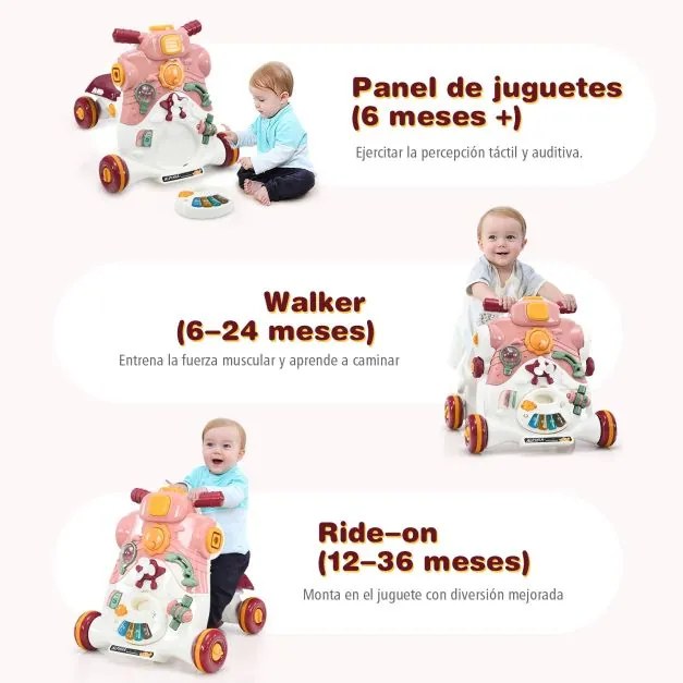 Andarilho 3 em 1 para crianças dos 6 aos 36 meses Carro com luzes e música Centro de actividades  46 x 46 x 46 cm Rosa