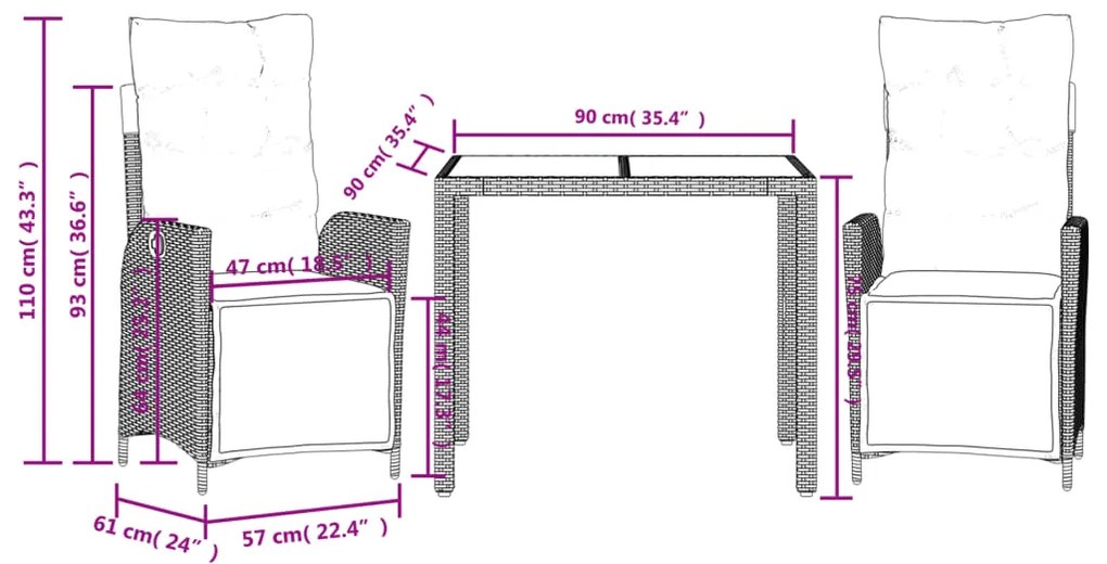 3 pcs conjunto de jantar p/ jardim c/ almofadões vime PE cinza