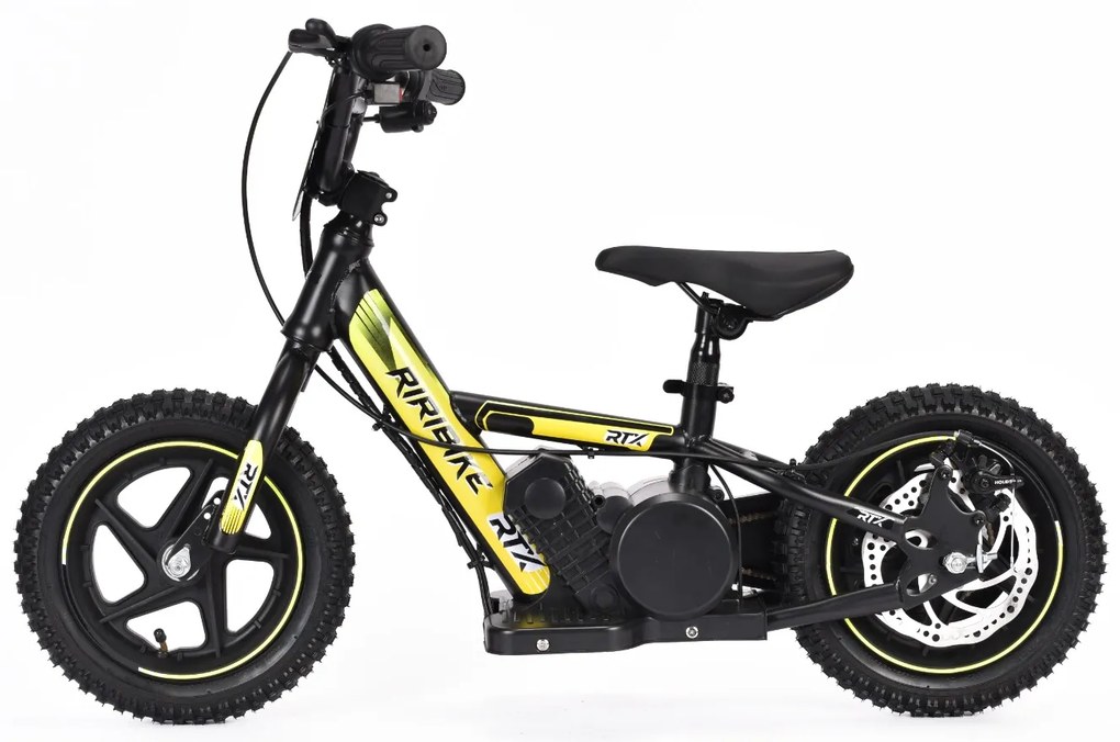 Bicicleta eléctrica para crianças RIRIBIKE RTX3 24V (12"), bateria de lítio, motor de 100W, travão de disco, assento ajustável em PU macio amarela