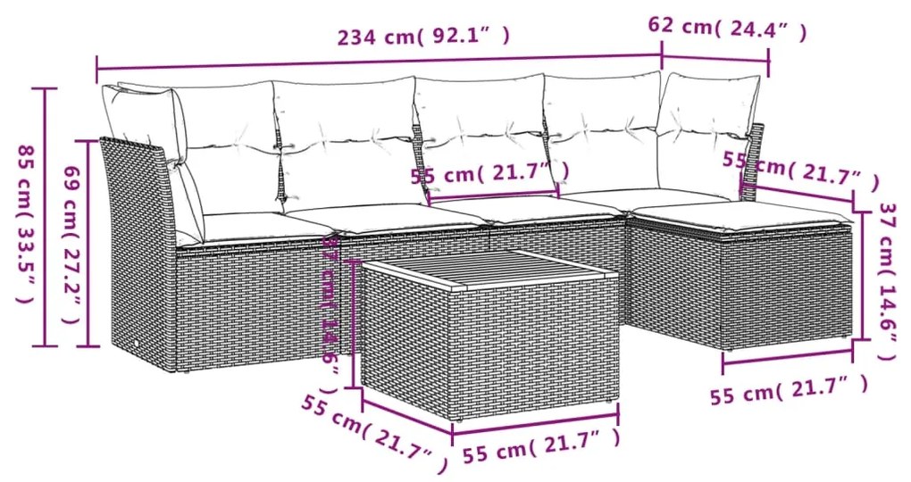 6 pcs conj. sofás jardim c/ almofadões vime PE bege misturado