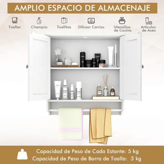 Armário de parede para casa de banho com 2 portas, barra de toalha, prateleira ajustável, organizador de armazenamento de cozinha 60 x 21 x 61 cm Bran