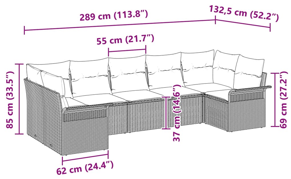 Conjunto de Sofá de Jardim com 7 Peças e Almofadas Castanho Poli Ratta
