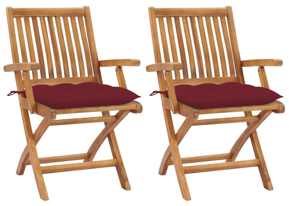 3062430 vidaXL Cadeiras jardim c/ almofadões vermelho tinto 2 pcs teca maciça