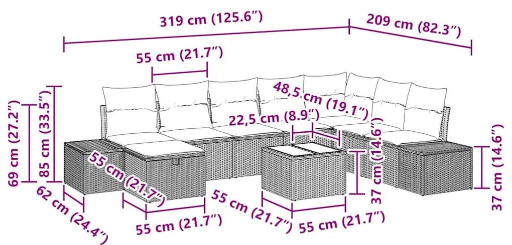 Conjunto de Sofá de Jardim de 9 Peças com Almofadas em Rattan Sintétic