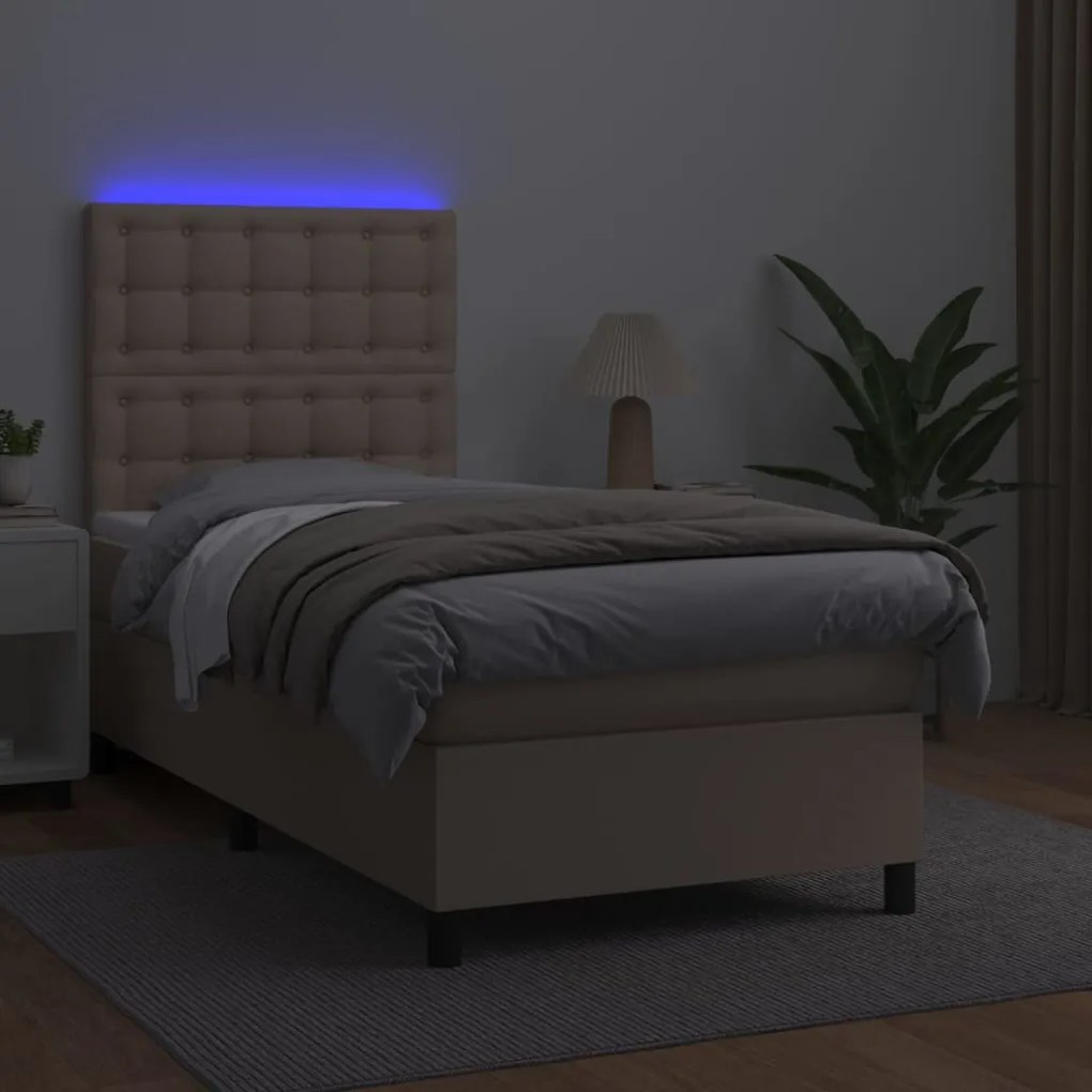 Cama box spring c/ colchão/LED 90x200cm couro artif. cappuccino