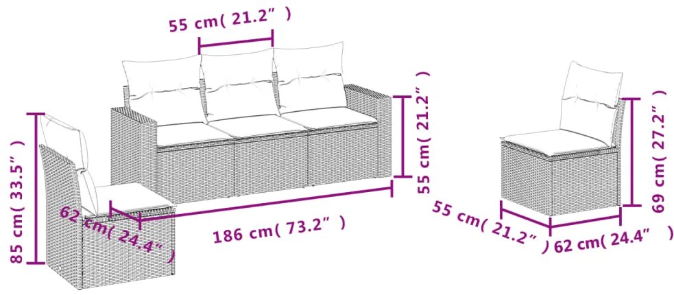 5 pcs conjunto sofás de jardim com almofadões vime PE preto