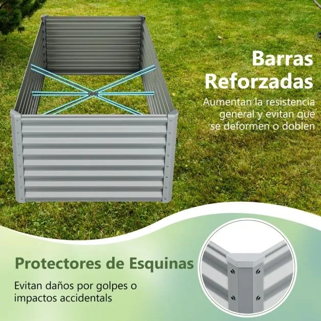 Floreira elevada de metal para jardim 180 x 95 x 60 cm, cama de cultivo retangular com barras reforçadas e fundo aberto, cinzenta