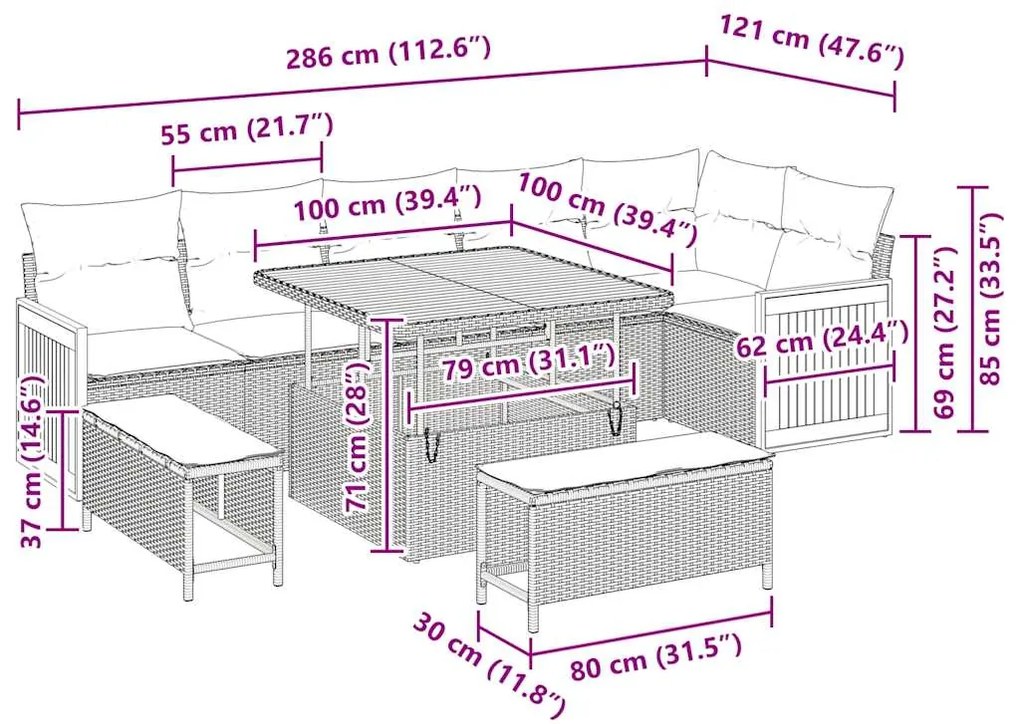 Conjunto de Sofá de Jardim de 9 Peças com Almofadas Cinza Polyrattan A