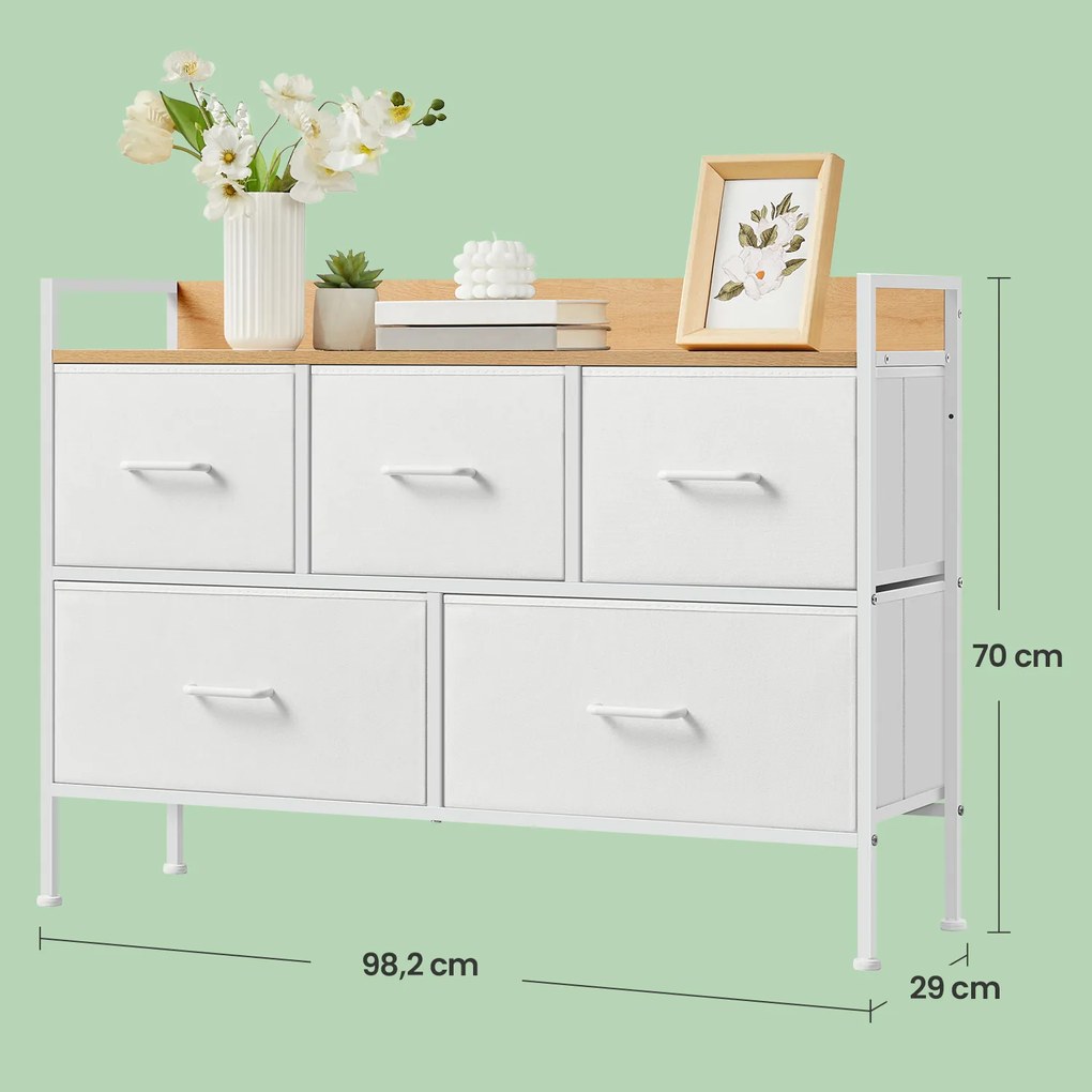 Cómoda armário 5 gavetas em tecido com puxadores 29 x 98,2 x 70 cm branco-carvalho bege