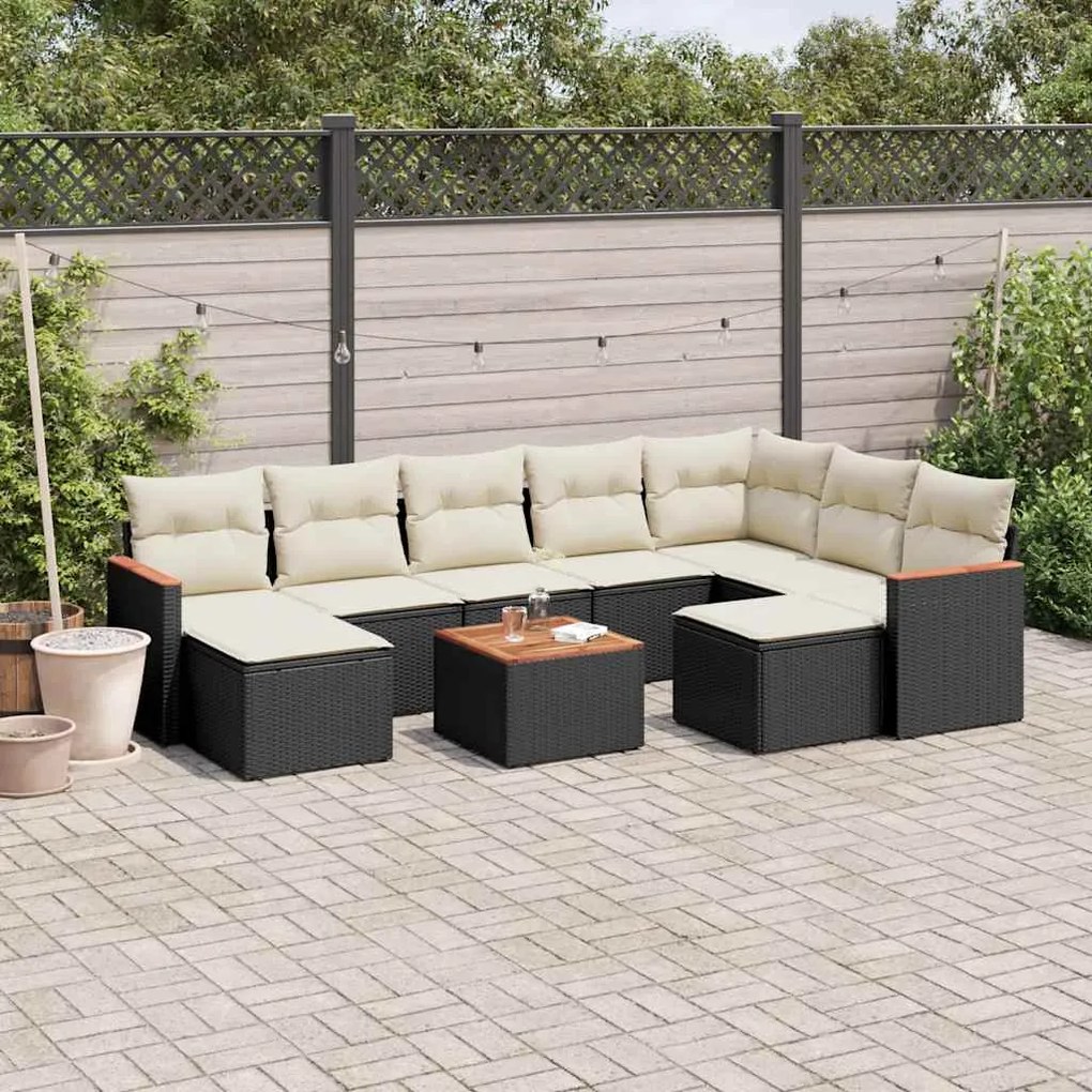 10 pcs conjunto sofás de jardim c/ almofadões vime PE preto