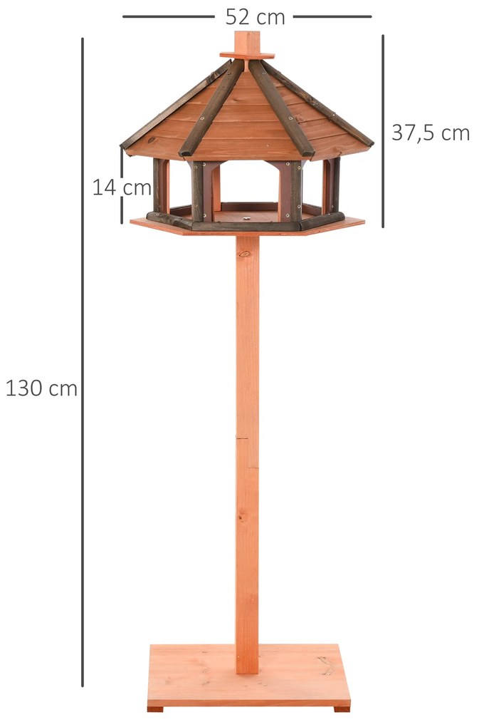 Casa para Pássaros de Pé de Madeira Maciça Ø52x130cm com Teto Comedouro para Aves Silvestres para Exterior Jardim Natural