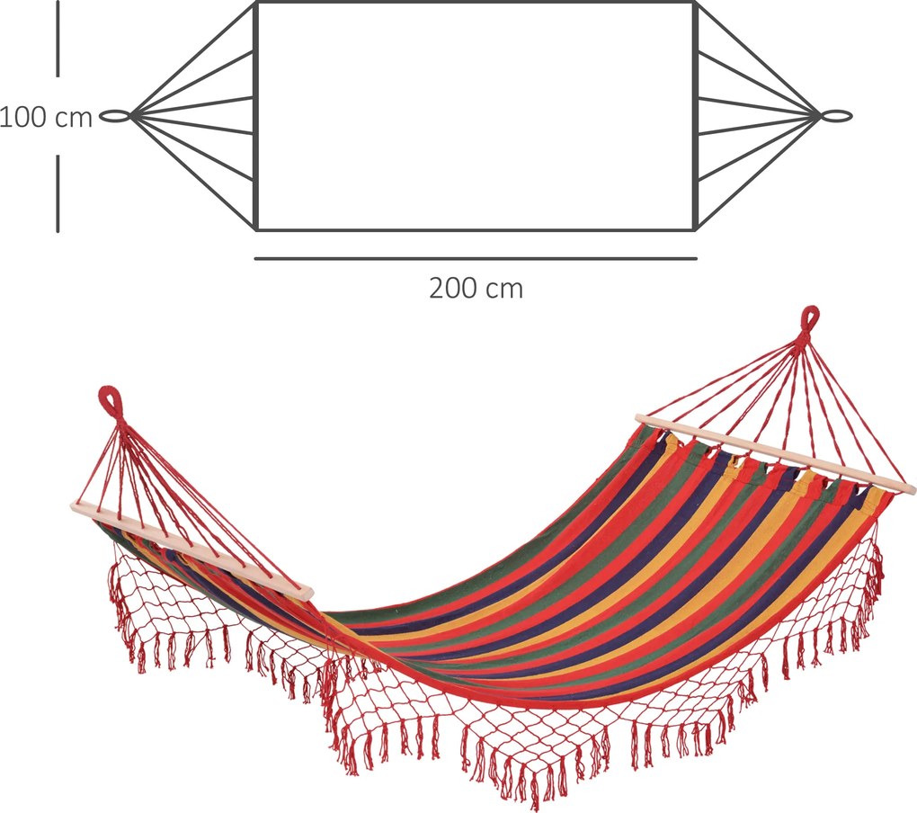 Cama Rede de Jardim 200x100 cm Rede Suspensa com Travessas de Madeira para Pátio Varanda Campismo Multicolor