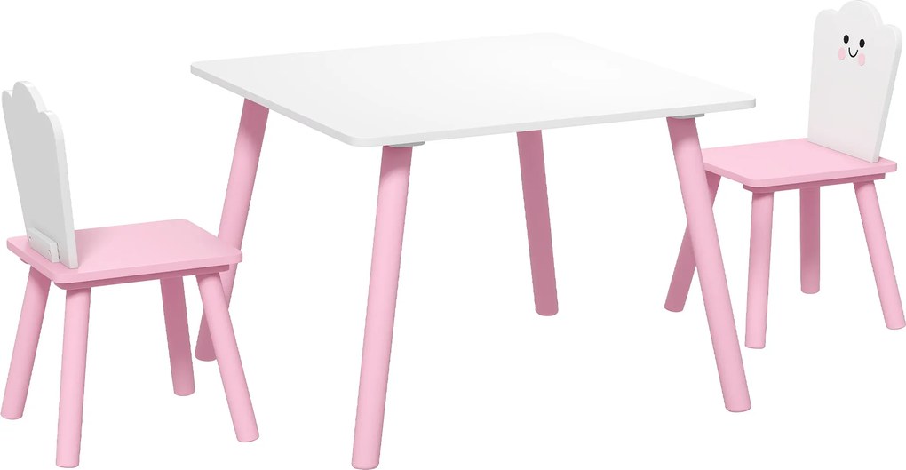 Conjunto Mesa e 2 Cadeiras para Crianças 3-6 Anos em Madeira com Cantos Arredondados, Tema Algodão Doce, Rosa