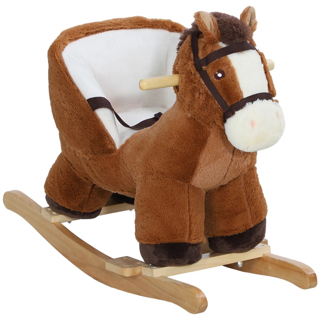 Cavalo Baloiço para Crianças de 18-36 Meses com Sons Cinto de Segurança e Base de Madeira Carga 25 kg 68x33x45 cm Castanho