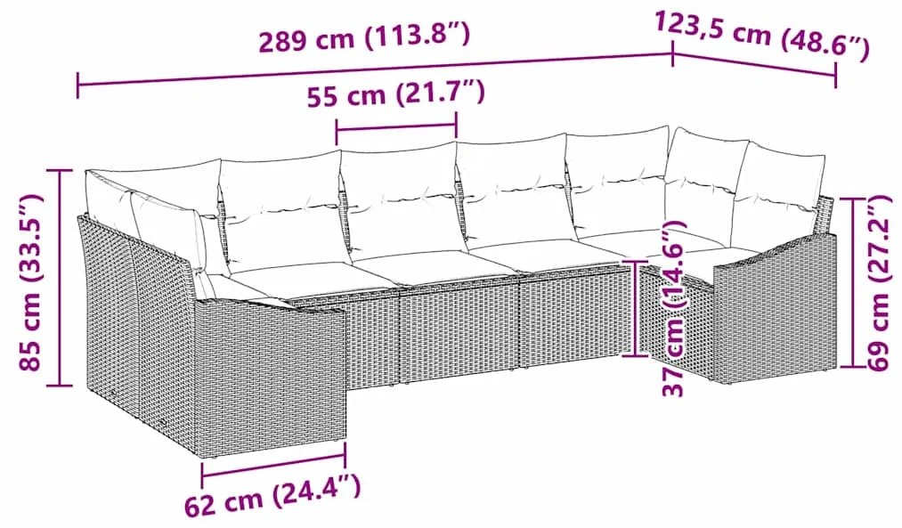 Conjunto de Sofá de Jardim de 7 Peças com Almofadas Preto em Rattan Si