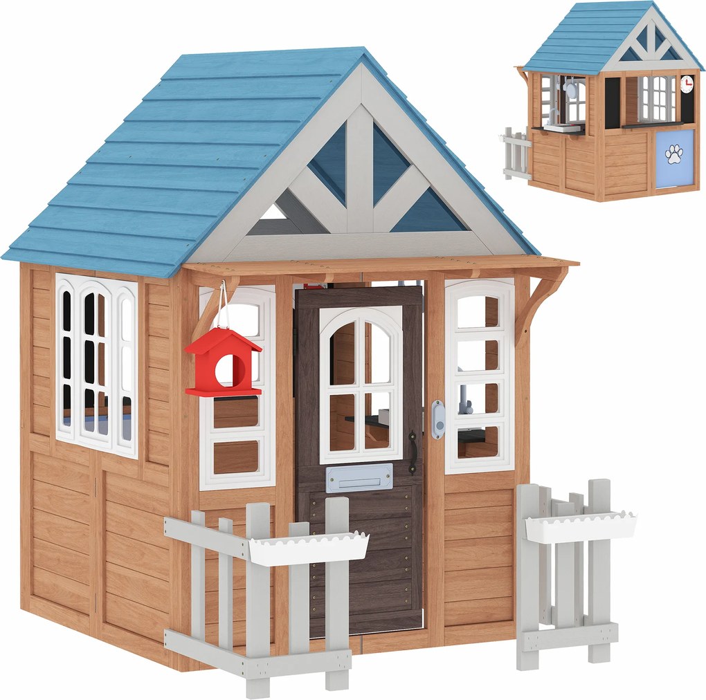 AIYAPLAY Cabana infantil exterior em madeira, casa infantil exterior/interior com portinhola, cozinha de brincar, castanho | Aosom Portugal