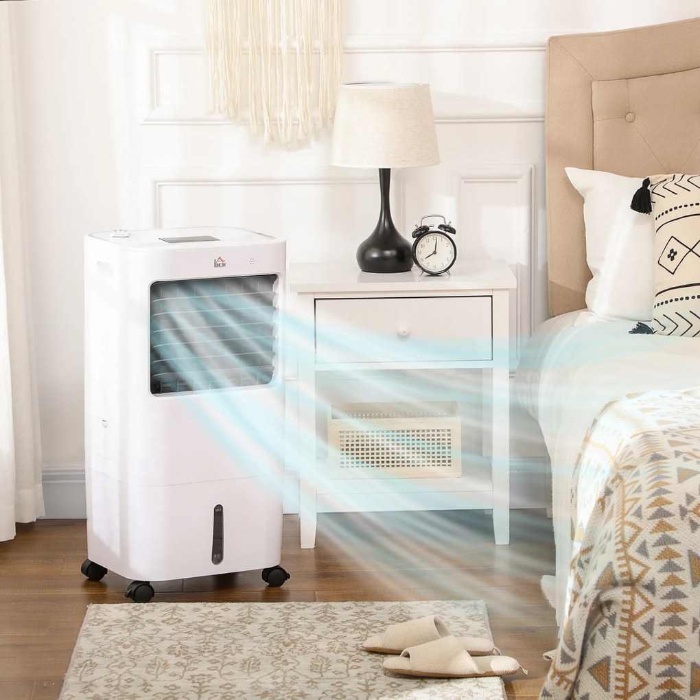 HOMCOM Climatizador de Ar Portátil Silencioso Climatizador Móvel 65W Humidificador Ventoinha com Ecrã LED Controlo Remoto Temporizador Oscilação 3 Velocidades 3 Modos 32x37x74 cm Branco