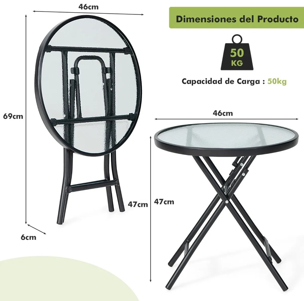 Mesa de jardim redonda de 46 cm com tampo de vidro temperado Estrutura resistente à ferrugem e X-Estrutura Mesa de jardim preta