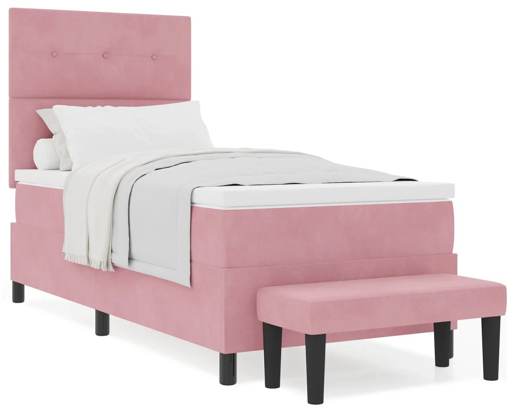 Cama Box Spring com Colchão e Banco Rosa 90x190 cm Veludo