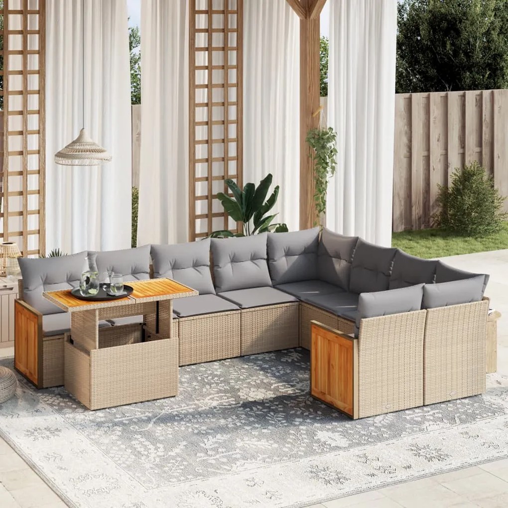 10 pcs conjunto de sofás p/ jardim com almofadões vime PE bege