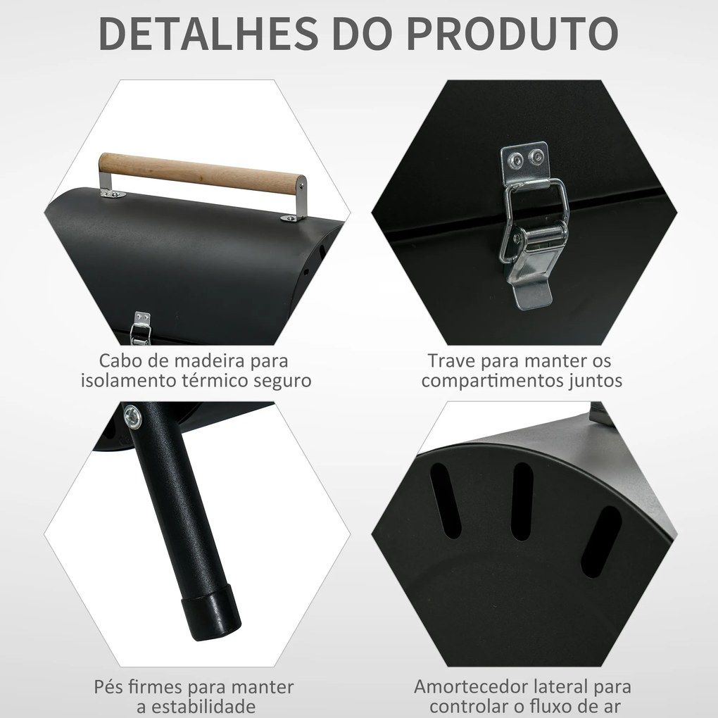 Outsunny Churrasqueira portátil a carvão com 2 grelhadores Cozinha com puxador e fechadura para churrasco Picnic Camping 42x26x42 cm Preto