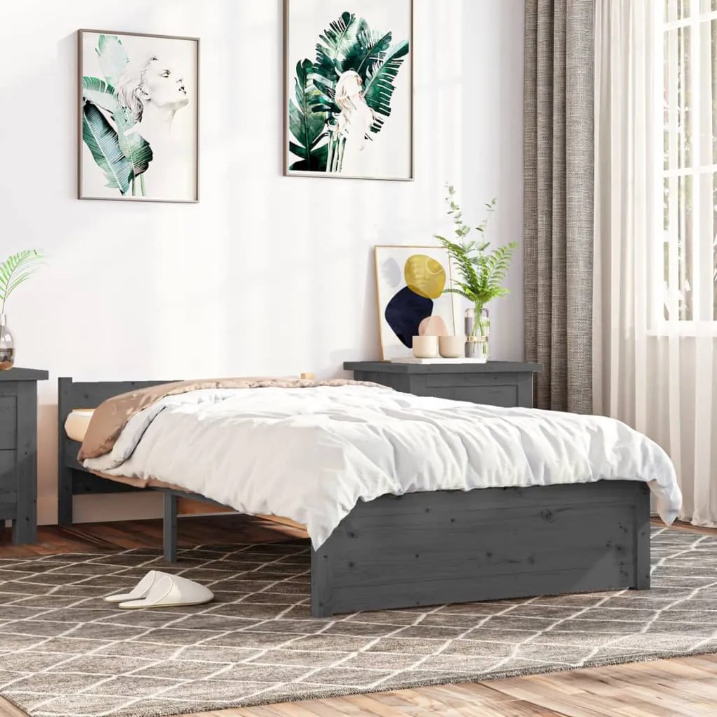 vidaXL Estrutura cama pequena solteiro 75x190 cm madeira maciça cinza