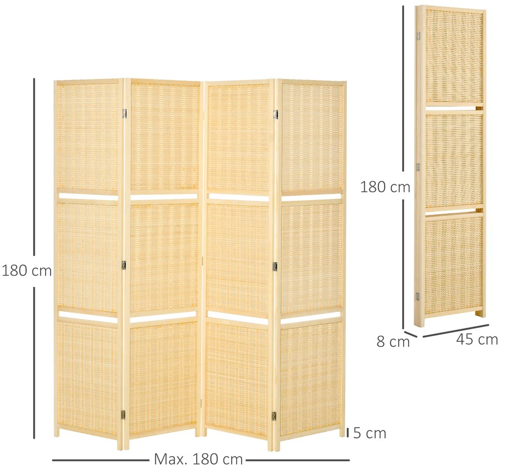 Biombo de 4 Painéis de Bambu Separador de Ambientes Dobrável com 2 Prateleiras Removíveis para Dormitório 180x180 cm Madeira