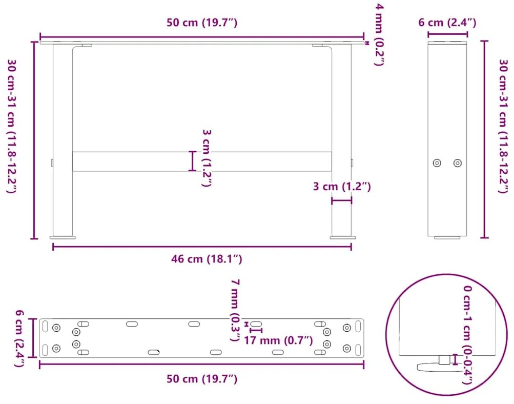 Pés para mesa de centro pretos 2 peças 50x(30-31) cm aço