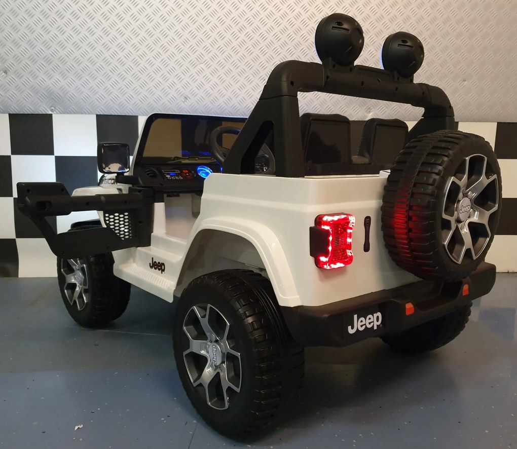Jeep Wrangler bateria carro infantil 12V 4x4 controlo remoto, Pneus Borracha, Assento em pele sintetica branco