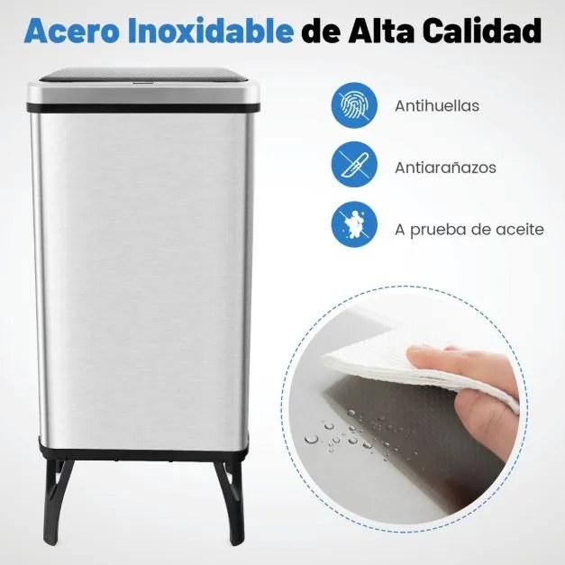 Caixote do lixo em aço inoxidável de 50 L com sensor de movimento automático, fecho suave e pés de cozinha amovíveis Prata