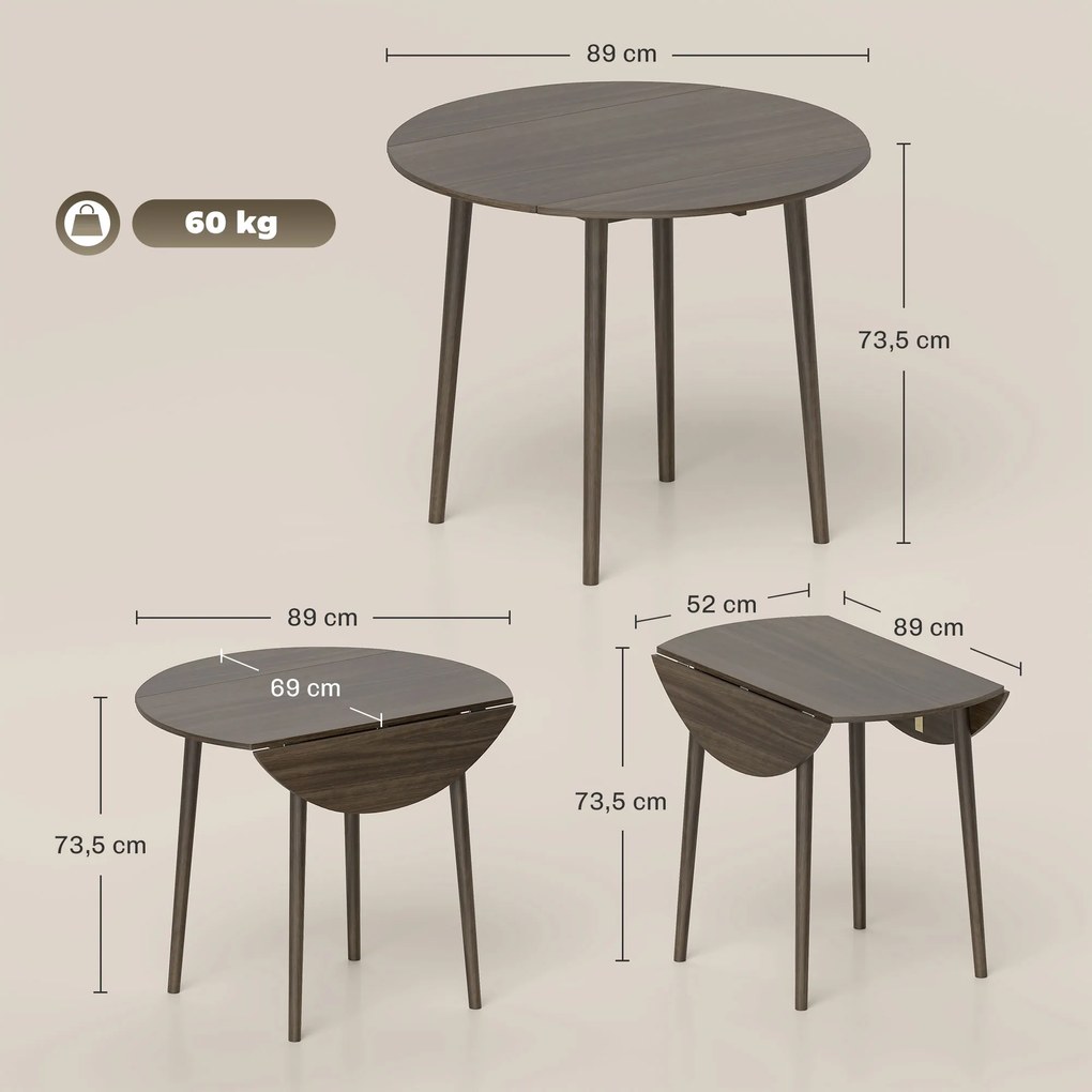 Mesa de jantar dobrável com 2 abas, mesa redonda extensível para 4 pessoas, pés em madeira Ø 89 x 73,5 cm, cinzenta