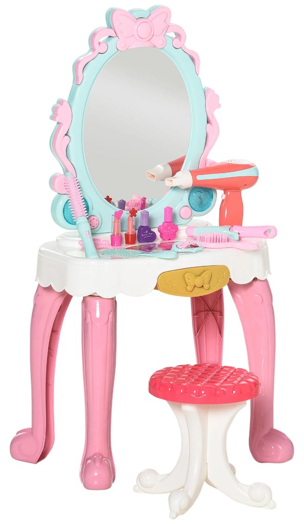 HOMCOM Toucador Infantil para Crianças acima de 3 Anos com Banco Espelho com Luz e Música com 20 Acessórios Centro de Beleza Infantil 41x27x82cm Multicolor