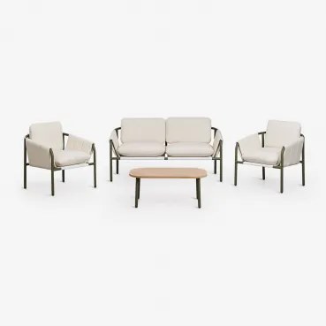 Conjunto De Jardim Com Sofá De 2 Lugares, 2 Poltronas Estofadas E Mesa De Centro Em Aço Zunika Verde Azeitona Intenso - Sklum