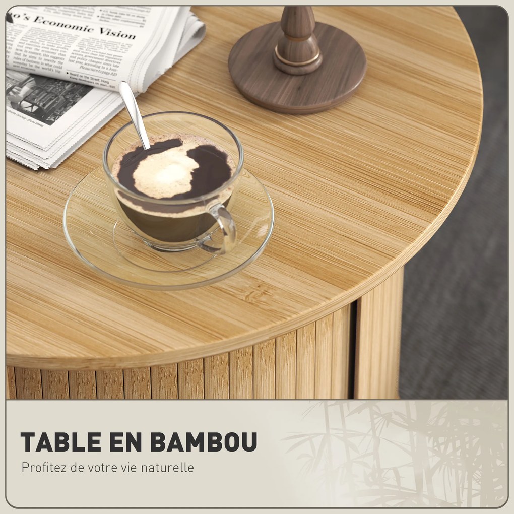 Mesa de centro  Ø 60 x 45 cm (altura) redonda de bambu com espaço de arrumação oculto e porta de correr natural