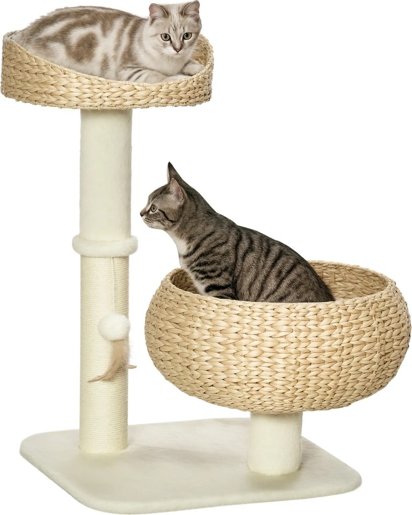 Arranhadores para gatos com arranhador de 2 níveis, altura de 72 cm, poste de sisal com nicho e plataforma, 1 bola suspensa