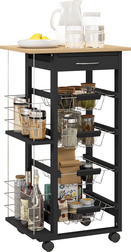 Carrinho de Cozinha com Rodas Carrinho Auxiliar com Gaveta 4 Cestas Amovíveis de Metal e Prateleiras Laterais 47x37x83 cm Preto e Madeira