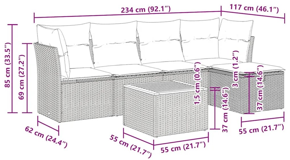 6 pcs conjunto sofás de jardim com almofadões vime cinzento