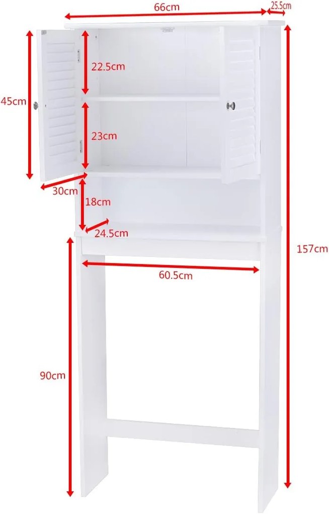 Armário para máquina de lavar roupa, 3 painéis ajustáveis, 2 portas de armário para casa de banho, lavandaria, 66 x 25,5 x 157 cm, branco