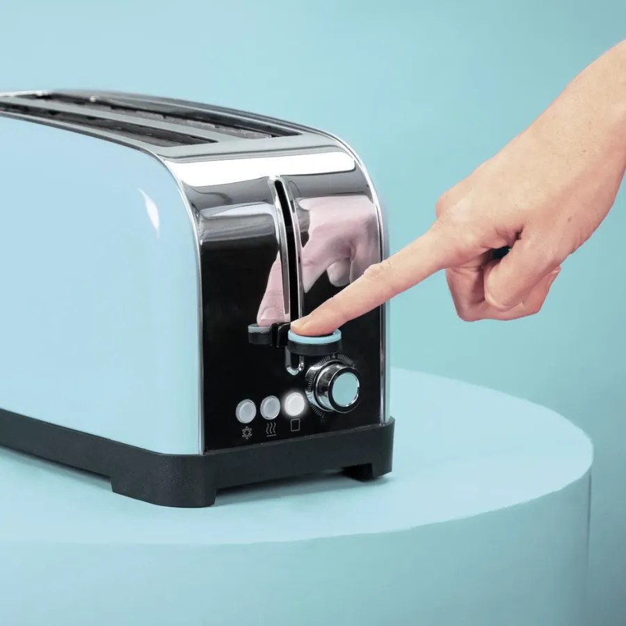 Torradeira vertical Toastin' time 850 Blue Long de aço com ranhura longa e suporte para pãezinhos