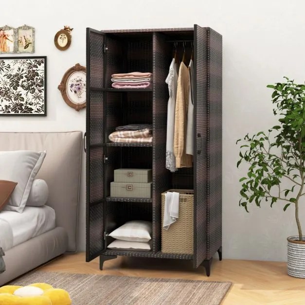 Armario de vime com 2 portas PE com varão para pendurar e 4 cubos de arrumação Organizador de roupa para casa pátio garagem Castanho