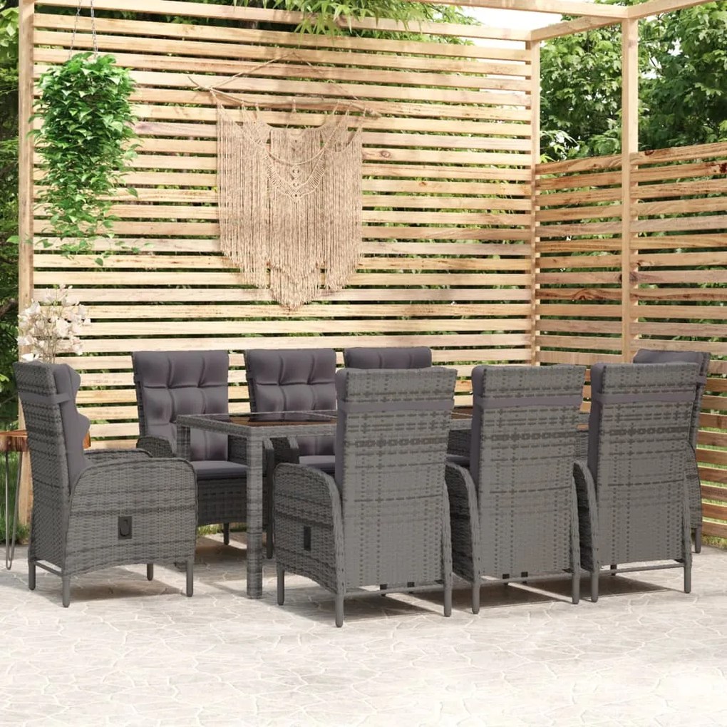 vidaXL 9 pcs conjunto de jantar para jardim vime PE cinzento