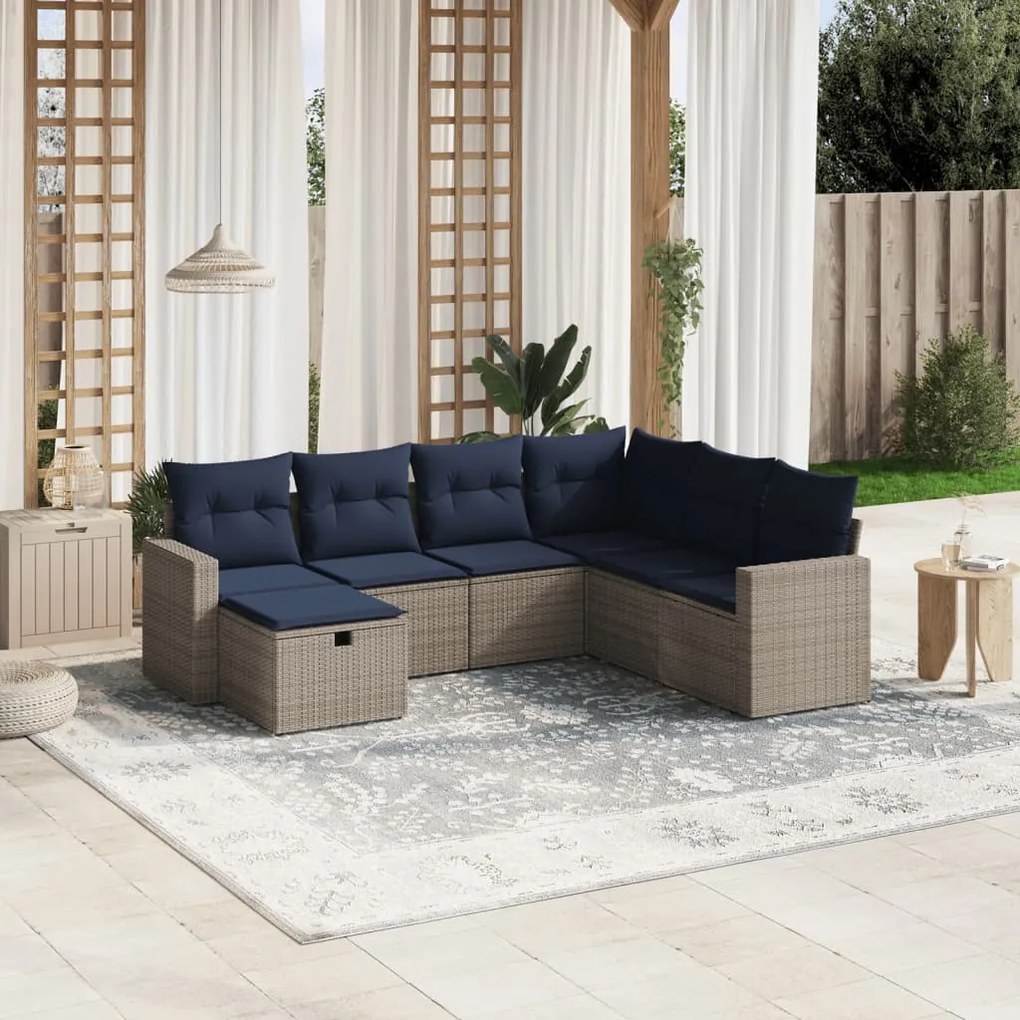 vidaXL 7 pcs conjunto sofás p/ jardim c/ almofadões vime PE cinzento