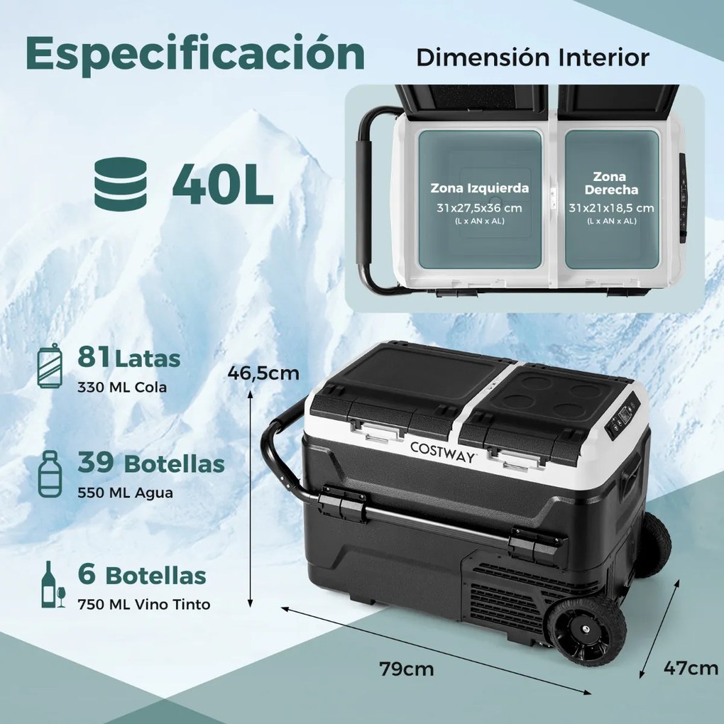 Gelaeira 40L 12V portátil com compressor (-20 ℃ ~ 20 ℃) para viagens, campismo preto