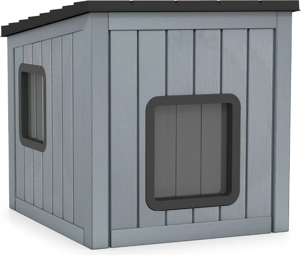 Casota para animais de estimação 62,5 cm x 54 cm x 56,5 cm isolada exterior e interior com 2 portas em PVC e telhado inclinado para gatos, cães pequen